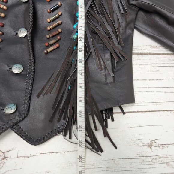 Vintage Red Clay People Black Leather Fringe and Bead Jacket Size Medium - Picture 8 of 9